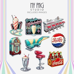 Retro diner clipart bundle with milkshakes, jukebox, diner booth seating, soda bottles, Pepsi bottle cap, diner stools, and neon diner signage.