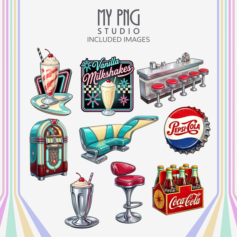 Retro diner clipart bundle with milkshakes, jukebox, diner booth seating, soda bottles, Pepsi bottle cap, diner stools, and neon diner signage.