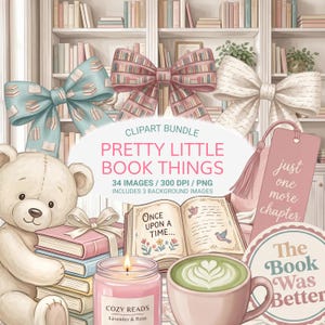 Soft Reading Clipart Bundle PNG, Cozy Library Aesthetic, Teddy Bear Reader, Girly Study Graphics