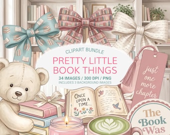 Soft Reading Clipart Bundle PNG, Cozy Library Aesthetic, Teddy Bear Reader, Girly Study Graphics