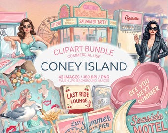 Coney Island Clipart Bundle PNG, Retro Boardwalk Summer Graphics, Seaside Americana, Pastel Carnival, Commercial Use