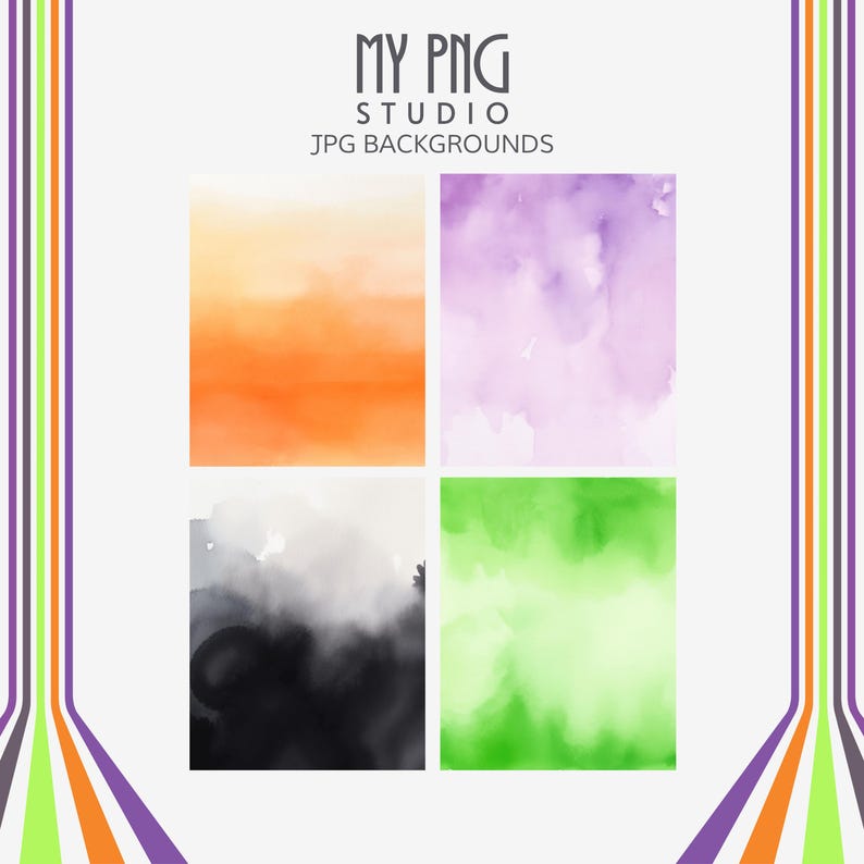 Included Halloween backgrounds showing orange, purple, black and green painterly textures for design use
