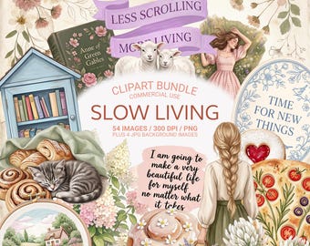 Slow Living PNG Bundle, Cottagecore Clipart, Farmhouse PNG, Cozy Country Soft Life Clipart, Floral Kitchen PNG