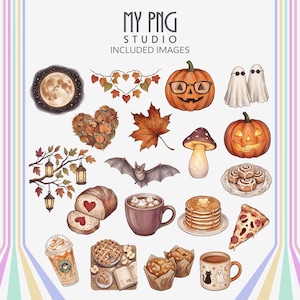 Cozy autumn clipart PNG set featuring moon illustration, ghost costumes, maple leaves, cinnamon rolls, mushroom lamp, pancakes, pumpkin spice latte, spooky pizza slice, and warm fall treats.
