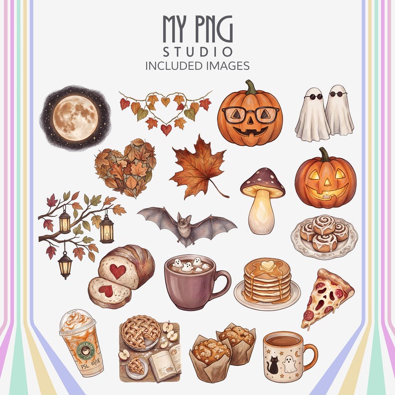 Cozy autumn clipart PNG set featuring moon illustration, ghost costumes, maple leaves, cinnamon rolls, mushroom lamp, pancakes, pumpkin spice latte, spooky pizza slice, and warm fall treats.