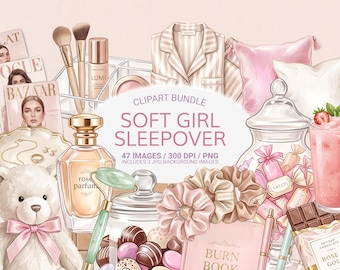 Sleepover Clipart Bundle PNG, Soft Girl Pink Beauty, Coquette Slumber Party, Luxury Items, Commercial Use, JPG Backgrounds Included