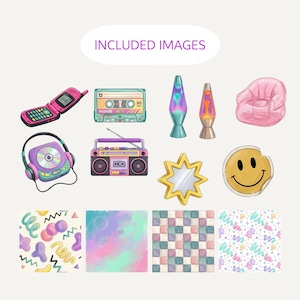 Information graphic showing Y2K thrift finds clipart bundle contents with retro tech icons and digital backgrounds.