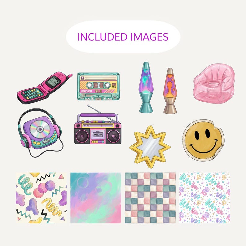 Information graphic showing Y2K thrift finds clipart bundle contents with retro tech icons and digital backgrounds.