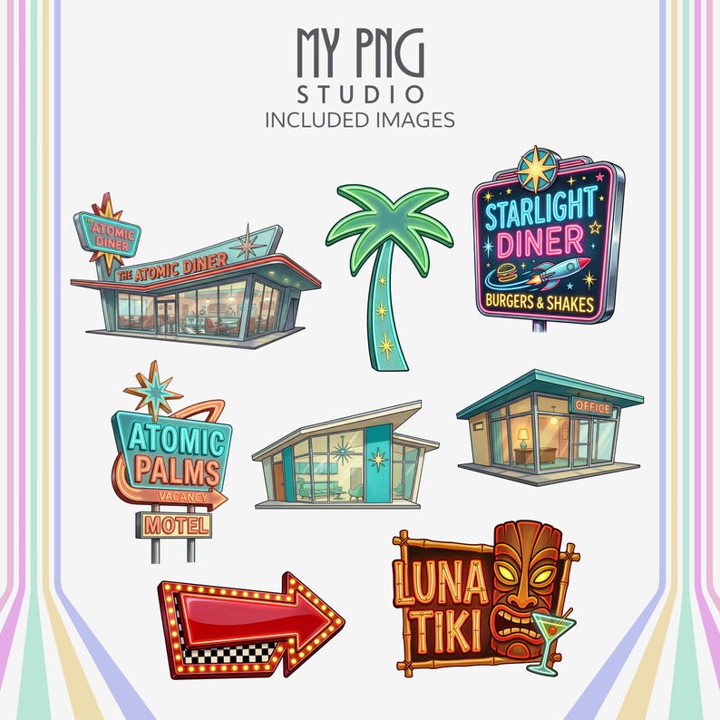 Atomic Americana roadside and motel clipart featuring retro diner building, motel sign, tiki sign, neon arrow, palm tree, and mid-century architecture illustrations.