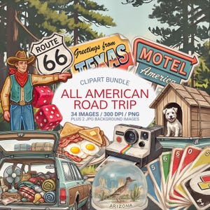 Może przedstawiać: Cyfrowy pakiet clipartów zatytułowany "All American Road Trip" z ilustracjami Route 66, Teksasu, znaku motelu, kowboja, kości, samochodu, jedzenia, aparatu fotograficznego, kuli śnieżnej, budy dla psa i kart do gry.