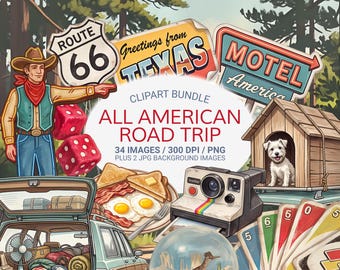 Vintage Road Trip Clipart Bundle PNG, Retro Americana Graphics, Route 66 Signs, Motel, Diner Food, Nostalgia Travel Elements