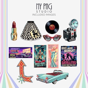 Atomic Americana fashion and lifestyle clipart set with lipstick, vinyl record, cat eye sunglasses, retro posters, vintage camera, checkerboard poodle skirt, neon arrow sign, and classic convertible car.