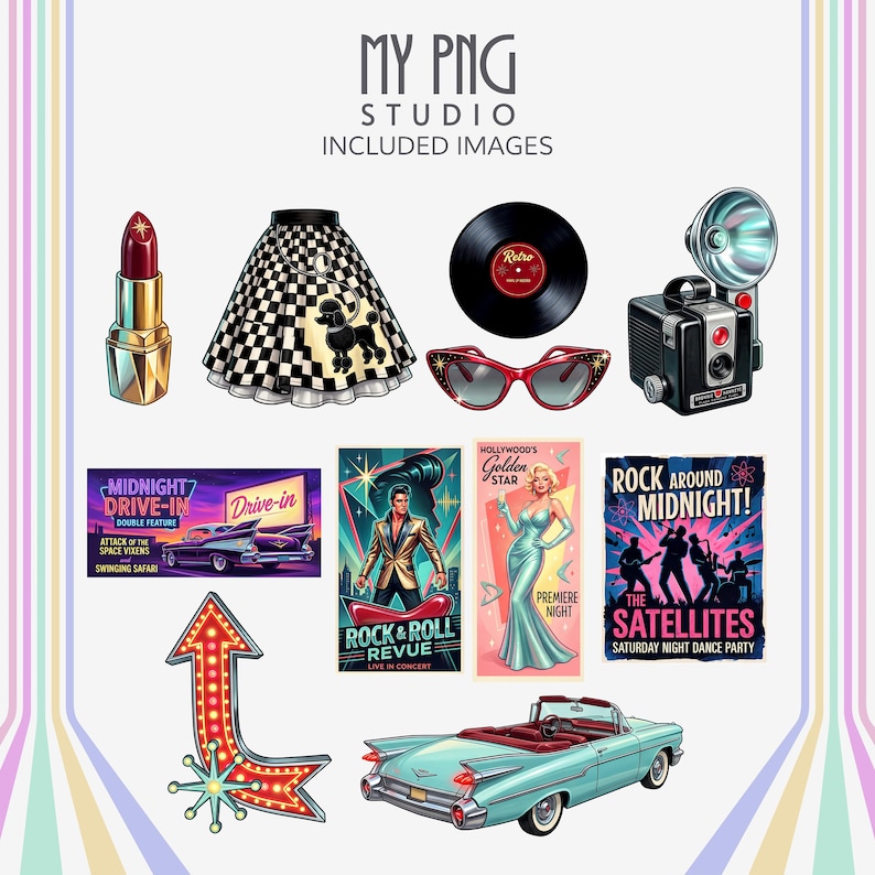 Atomic Americana fashion and lifestyle clipart set with lipstick, vinyl record, cat eye sunglasses, retro posters, vintage camera, checkerboard poodle skirt, neon arrow sign, and classic convertible car.