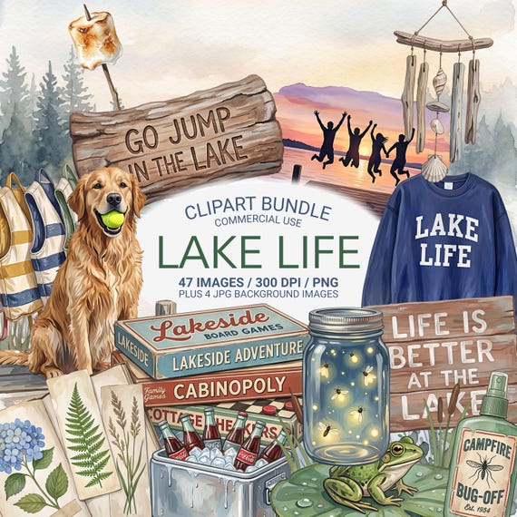 Lake Life Clipart Bundle, Cozy Cabin PNG Bundle, Summer Lakehouse Graphics, Americana Nostalgia, Canoe Club, Cottagecore PNG