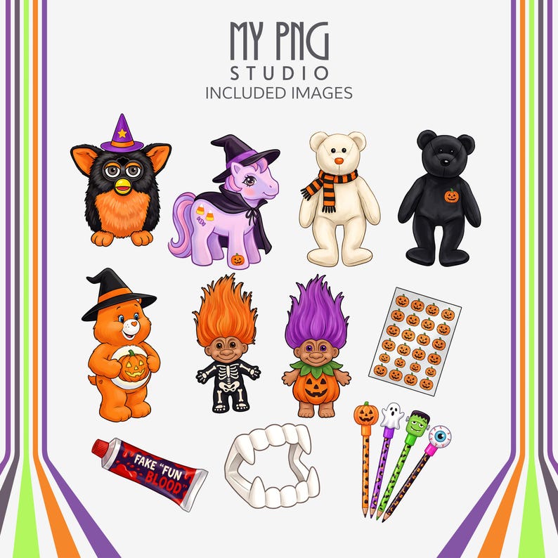 Halloween PNG clipart set showing cute spooky characters including furby style toy, unicorn costume pony, teddy bears and troll dolls