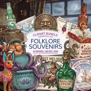 May include: A digital illustration featuring a collection of folklore-themed items including Nessie Pop soda, Selkie Soap, a Troll Toll coin, Wyvern Heat hot sauce, Kitsune Moon Tea, Kraken Sardines, Basilisk Venom, and Moon Rabbit rice treats.