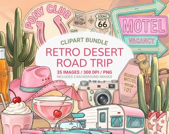 Pacchetto di clipart retrò per viaggi su strada nel deserto, grafica di motel e ristoranti della Route 66 (download digitale)