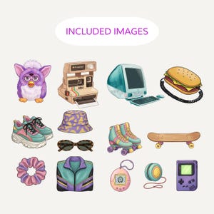 Clipart preview sheet showing nostalgic objects including Furby, Polaroid camera, iMac G3, hamburger phone, and retro fashion items.