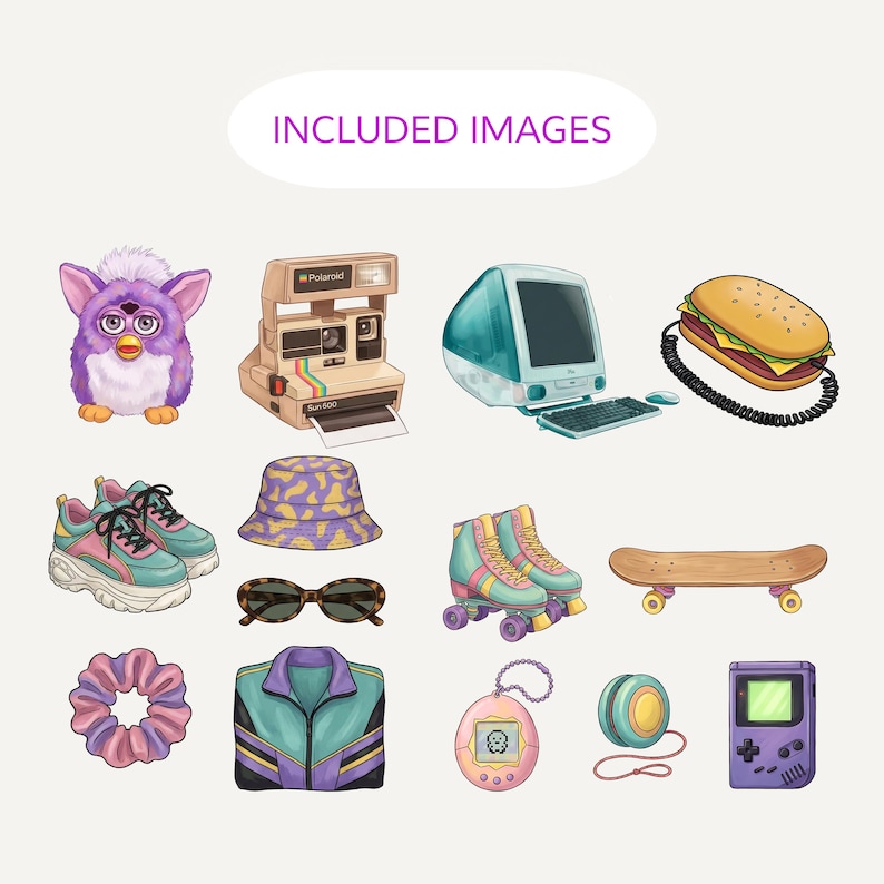 Clipart preview sheet showing nostalgic objects including Furby, Polaroid camera, iMac G3, hamburger phone, and retro fashion items.