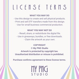 You MAY use these designs to create and sell physical products, including print-on-demand items, stickers, apparel, and small business goods.

You may NOT resell, share, or redistribute the digital files in any form, or use them to create new digital download products.