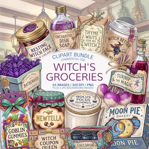 May include: A digital clipart bundle titled Witch's Groceries featuring illustrated food and household items like Batberries, Goblin Gummies, Newtella, Hocus Pocus Hummus, and Moon Pie Bakery goods, all with whimsical labels and magical themes.
