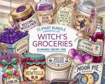 Witch's Grocery Store PNG Bundle, Witch Market Clipart, Halloween Grocery PNG, Magical Food Packaging, Cottagecore Ephemera, Commercial Use