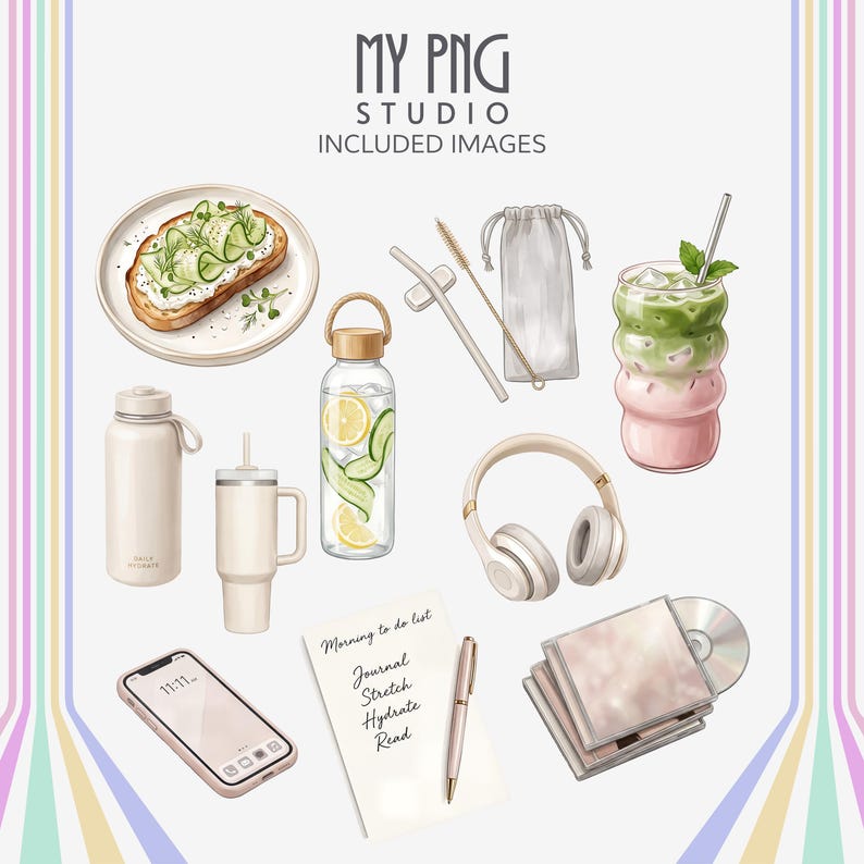 Clean aesthetic graphics bundle with matcha drinks, skincare inspired items and soft toned accessories for modern design use

Lifestyle clipart pack with transparent backgrounds including feminine neutral objects ideal for planners and sticker sheets