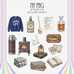 Cozy lakehouse PNG clipart collection with lake life sweatshirt, plaid thermos, lantern, whiskey decanter, crossword newspaper, vintage cabin stove, striped blankets, and rustic fishing lodge decor
