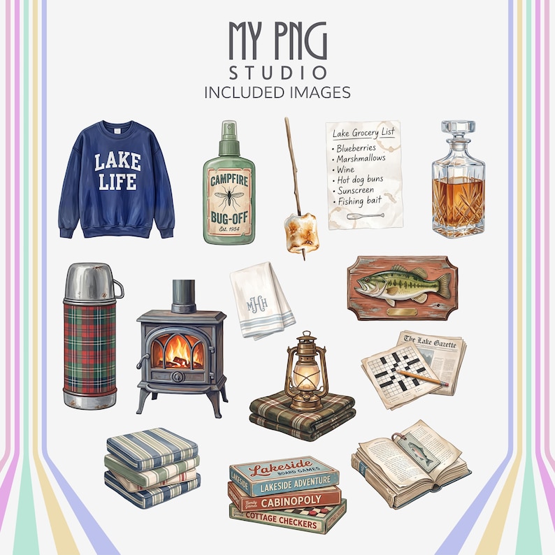 Cozy lakehouse PNG clipart collection with lake life sweatshirt, plaid thermos, lantern, whiskey decanter, crossword newspaper, vintage cabin stove, striped blankets, and rustic fishing lodge decor