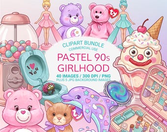 Pastel 90s Girlhood Clipart Bundle PNG, Retro Y2K Toys, Cute Nostalgia Graphics Set, Pink Aesthetic, 40 Images, 300 DPI