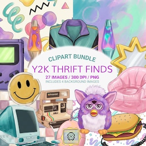 Cover image showing Y2K thrift finds clipart bundle with retro tech, lava lamps, furby toy, and inflatable chair illustration.