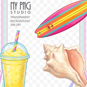 Transparent background preview featuring a retro Venice Beach surfboard, tropical frozen drink, and large pastel conch shell clipart in vibrant California summer colors.