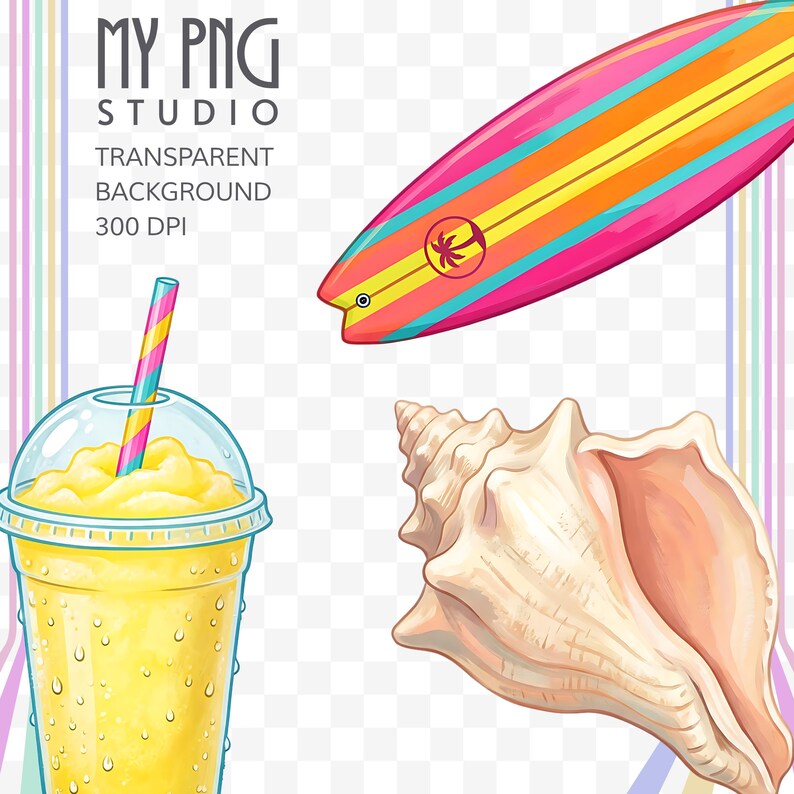 Transparent background preview featuring a retro Venice Beach surfboard, tropical frozen drink, and large pastel conch shell clipart in vibrant California summer colors.