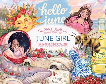 June Girl PNG Bundle, Strawberry Moon Clipart, Summer Solstice Graphics, Coastal Cottagecore PNG, June Birthday Art