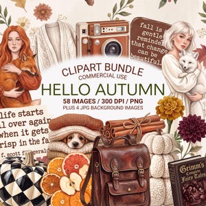 Op de afbeelding: Een digitaal clipartpakket getiteld HELLO AUTUMN met illustraties van mensen met dieren, een camera, een bruine leren rugzak, truien met een puppy, kaneelstokjes, pompoenen, citrusvruchten en een sprookjesboek.