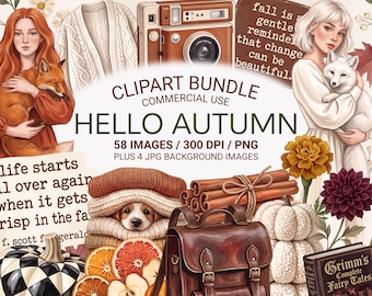 Autumn Clipart Bundle PNG, Cozy Fall Clip Art, Pumpkin Cottagecore PNG, Fall Flowers Food Decor, Commercial Use