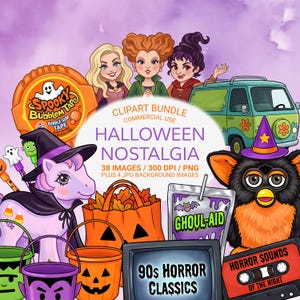 Halloween clipart bundle cover with retro spooky graphics including pumpkin buckets, VHS tapes, troll dolls, and candy themed elements