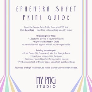 Printable ephemera sheet guide explaining how to unzip, print, and use high-resolution PNG files for journaling and scrapbooking.