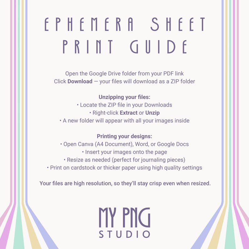 Printable ephemera sheet guide explaining how to unzip, print, and use high-resolution PNG files for journaling and scrapbooking.