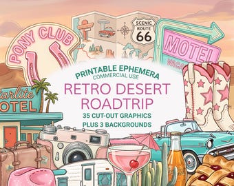 Retro Desert Road Trip Printable Ephemera, Route 66 Junk Journal Kit, 35 Cut Outs, 3 Backgrounds, Pink Western PDF
