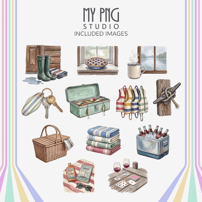 Cozy cabin and lakeside PNG graphics including rainy cabin windows, vintage tackle box, striped life jackets, wicker picnic basket, cooler with soda bottles, lake dock wine scene, and soft watercolor textures