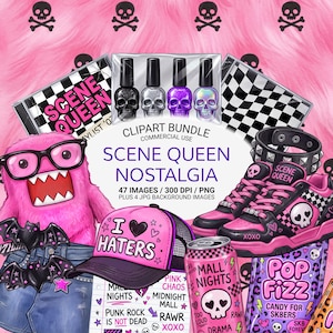 May include: A collection of pink and black graphic illustrations with a 'Scene Queen Nostalgia' theme. Includes nail polish, sneakers, a hat with 'I Haters' text, a monster, and a soda can. The image features skulls and checkered patterns.