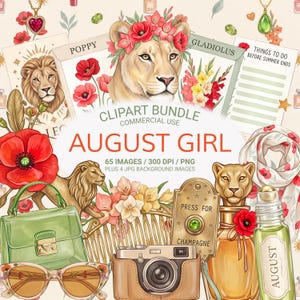 August Girl PNG Bundle, Birth Month Clipart, Leo Virgo Peridot, Poppy Gladiolus, Late Summer Aesthetic, Zodiac PNG, Stickers, Birthday