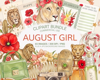 August Girl PNG Bundle, Birth Month Clipart, Leo Virgo Peridot, Poppy Gladiolus, Late Summer Aesthetic, Zodiac PNG, Stickers, Birthday