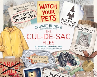 Cul-de-Sac Mystery PNG Bundle, Small Town Thriller Clipart, Neighborhood Watch, Lost Pets, Spooky Retro Suburbia Graphics