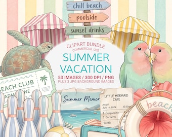 Pastel Summer Vacation Clipart Bundle PNG, Beach Aesthetic, Coastal Scrapbook Elements, Travel Stickers, Commercial Use