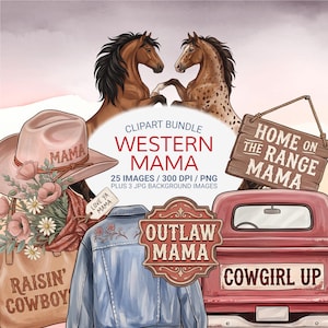 Western Mom Clipart Bundle PNG, Cowgirl Mama Graphics Set, Outlaw Mama Sticker Designs, Rustic Western Elements, Country Mom PNG Pack