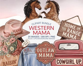 Western Mom Clipart Bundle PNG, Cowgirl Mama Graphics Set, Outlaw Mama Sticker Designs, Rustic Western Elements, Country Mom PNG Pack