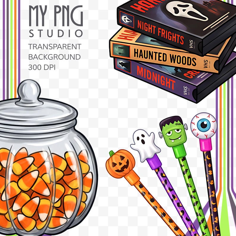 Transparent background PNG preview showing clean cut edges and high resolution Halloween clipart elements