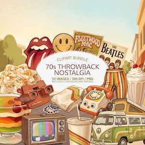 Op de afbeelding: Een digitale clipartbundel met een jaren 70 throwback thema. De afbeelding bevat een verscheidenheid aan retro-items zoals een smiley, albumhoezen, een tv, een VW-bus en een View-Master. De tekst luidt "70s Throwback Nostalgia".
